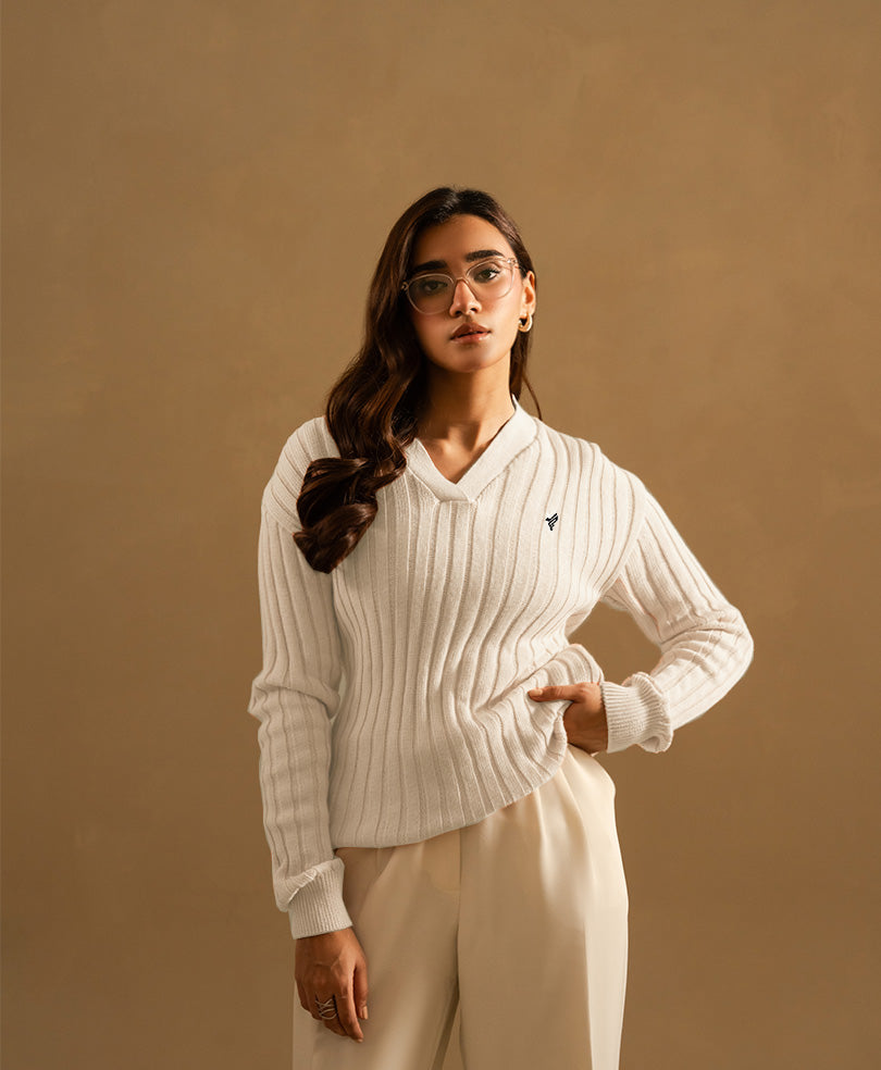 White V-Neck Sweater (Women)