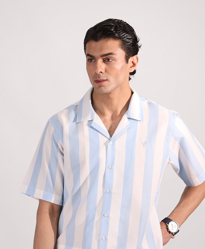 White & Lt Blue Striped Cuban Shirt