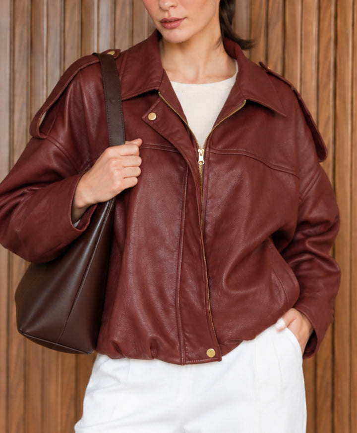 Burgundy Faux Leather Bomber Jacket (Women)