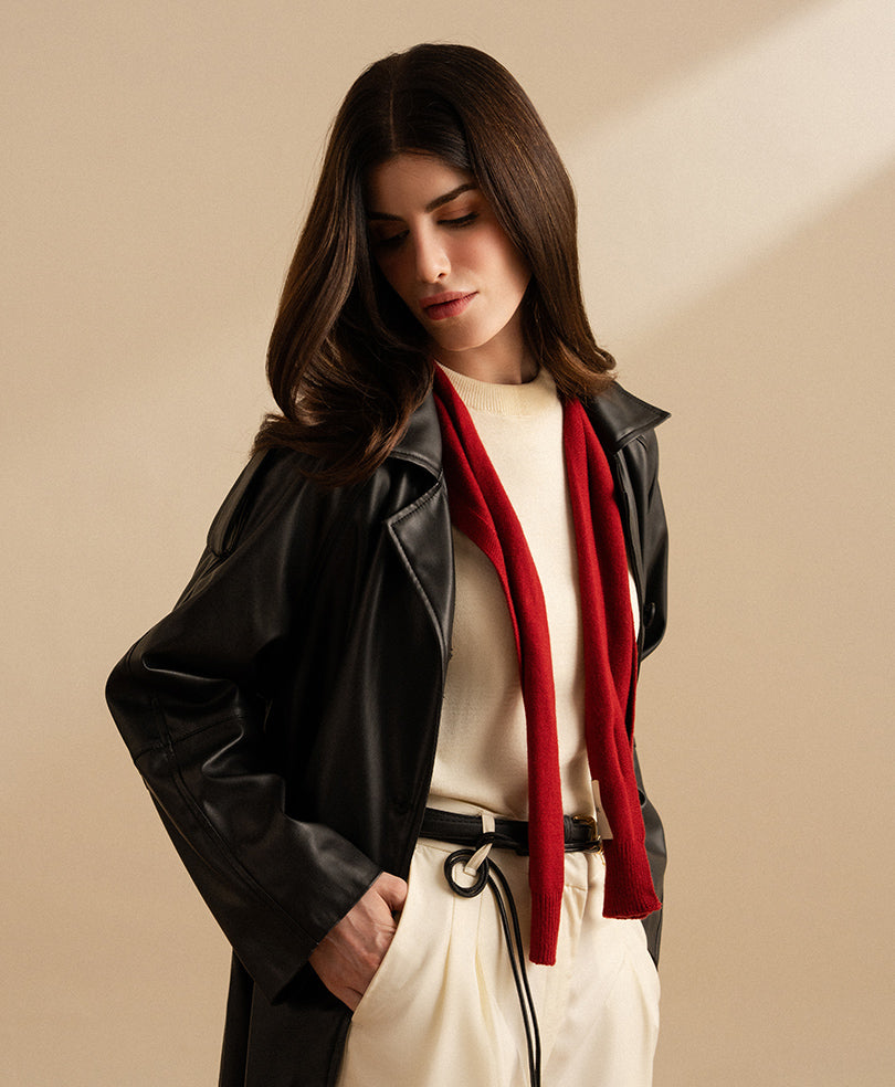 Black Faux Leather Long Coat (Women)