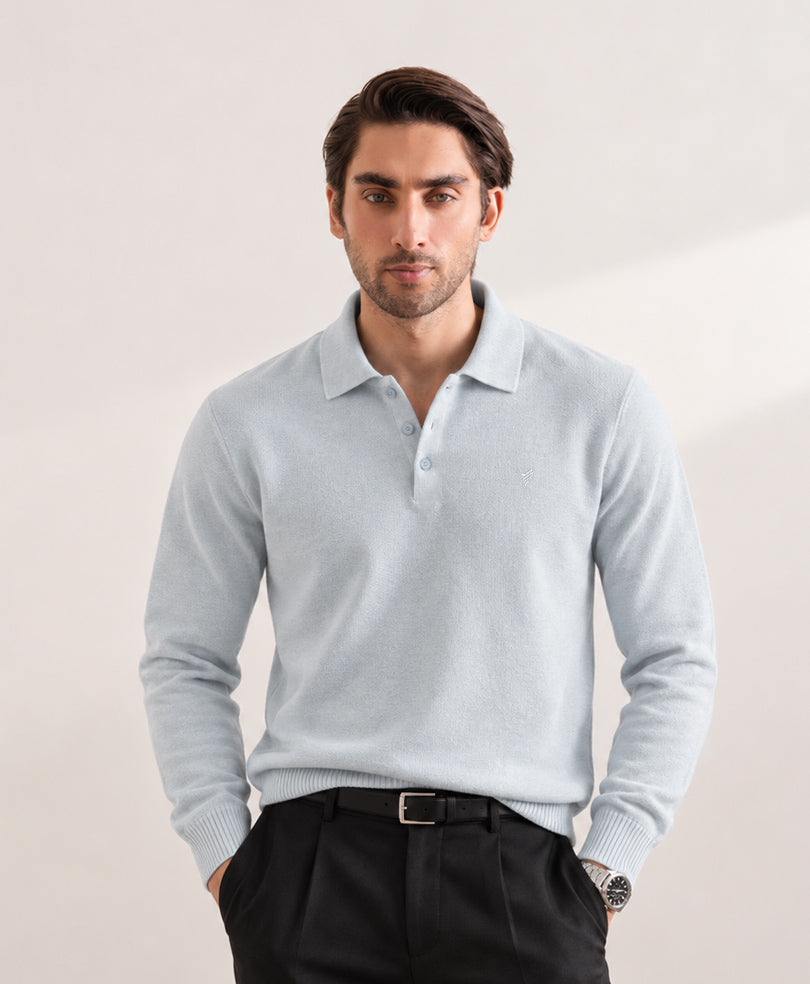 Twill Light Blue Knitted Full Sleeve POLO