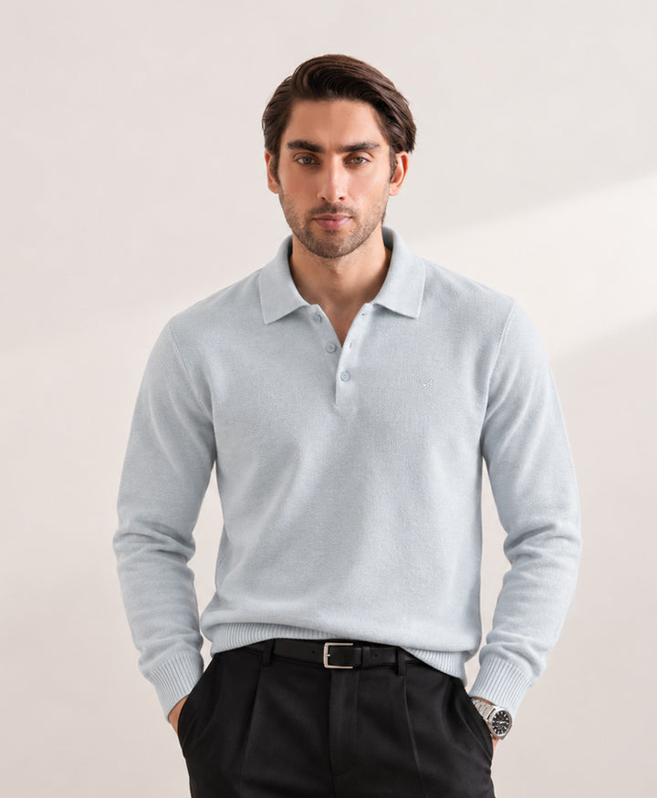 Twill Light Blue Knitted Full Sleeve POLO