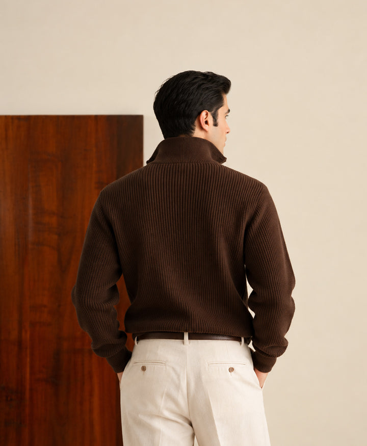 Chocolate Brown Mock Zipper Sweater
