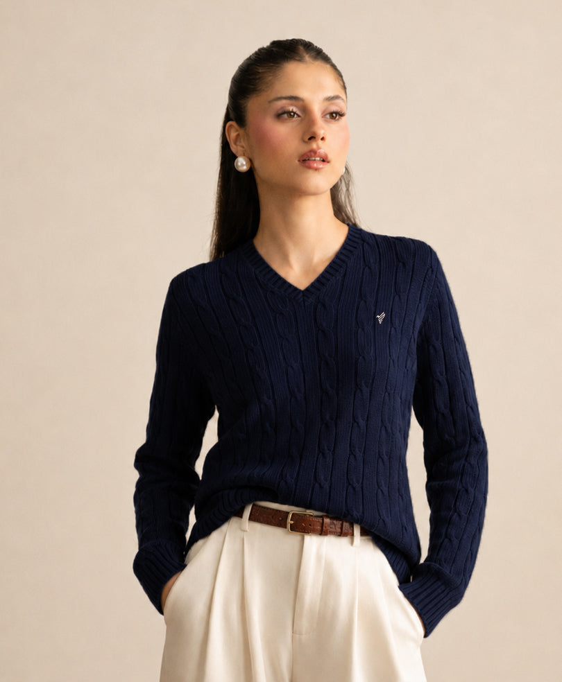 Navy V-Neck Cable Knit Sweater (Women)