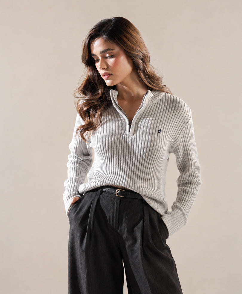 Grey Mock Neck Zipper Sweater (Women)
