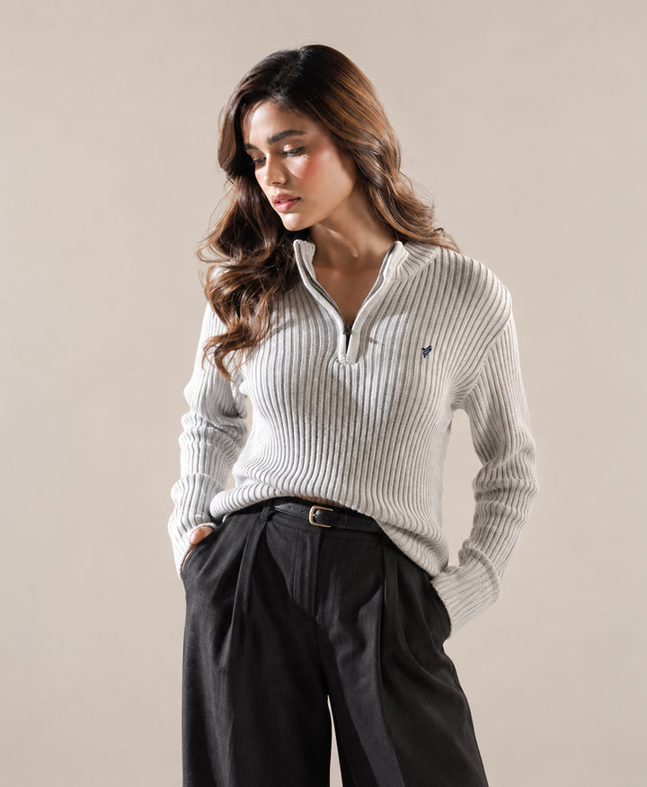 Grey Mock Neck Zipper Sweater (Women)