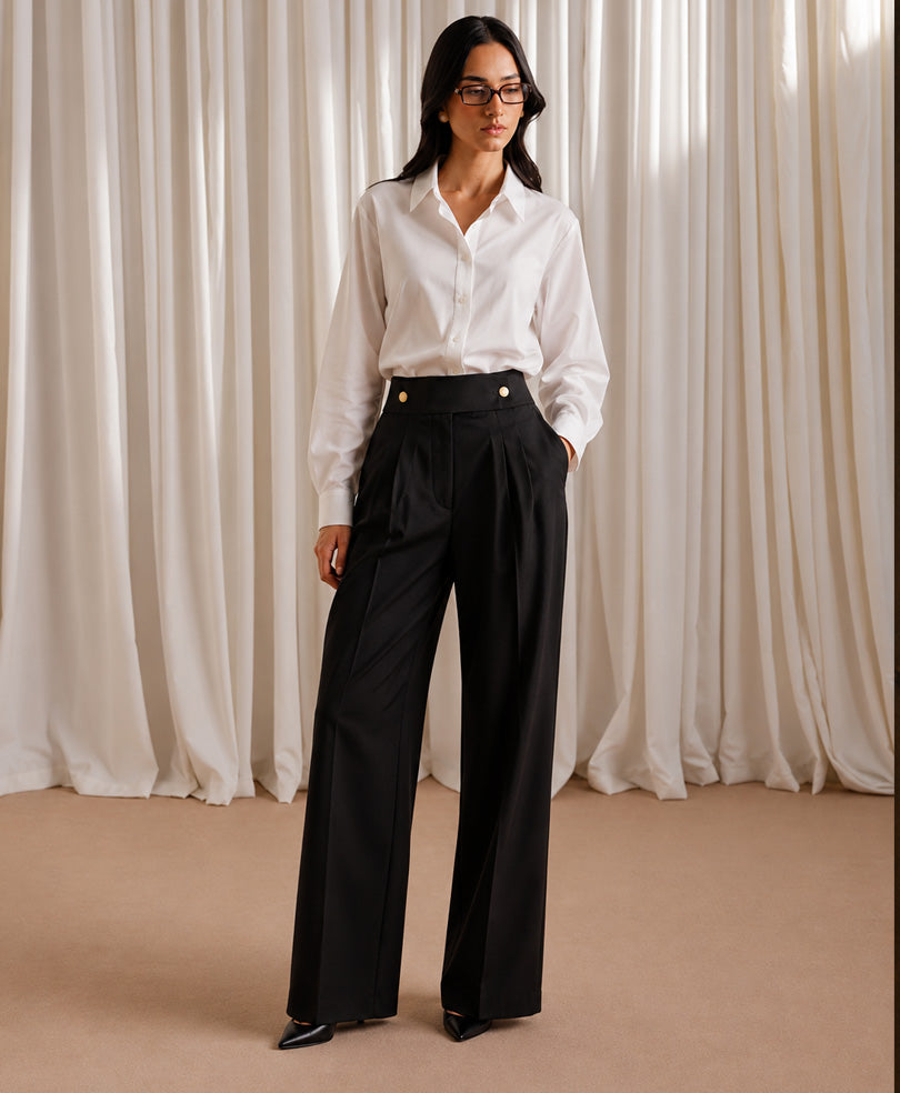 Black Dual Button Wide Leg Pants (Women)