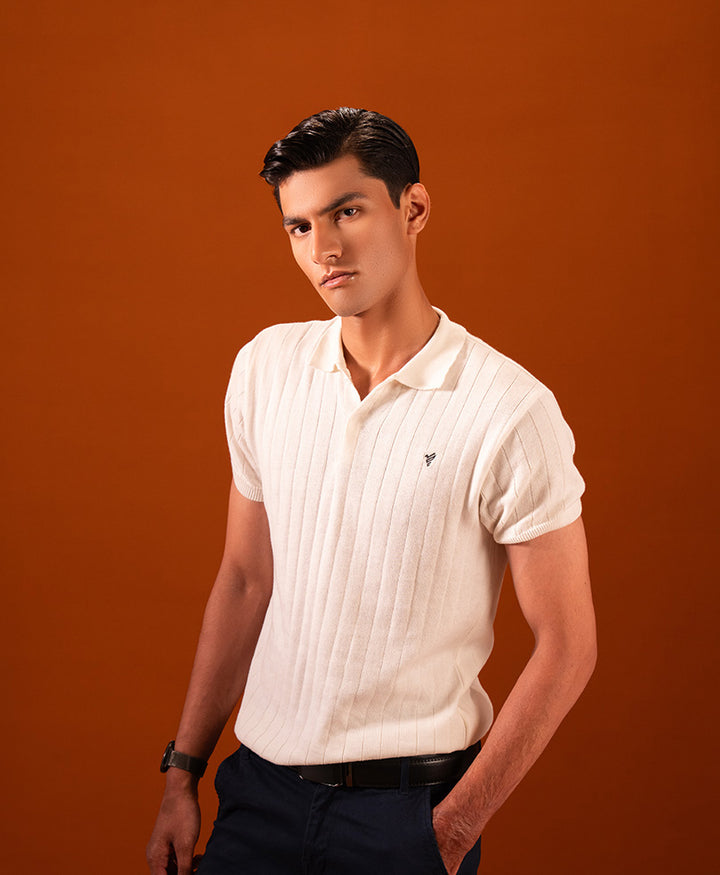 White Knitted Drop Needle POLO