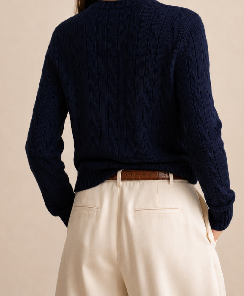 Navy V-Neck Cable Knit Sweater (Women)