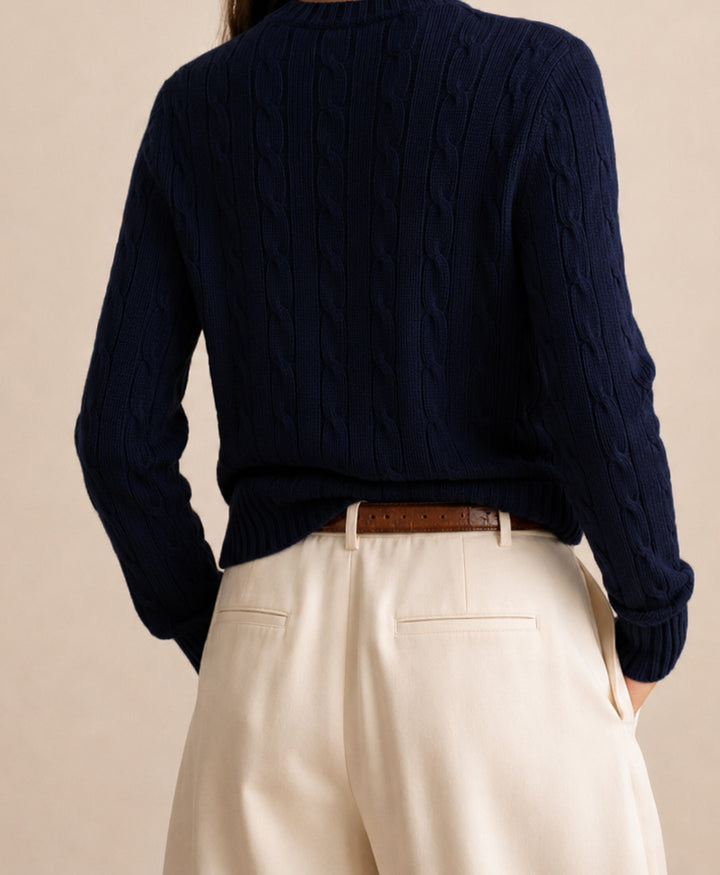 Navy V-Neck Cable Knit Sweater (Women)