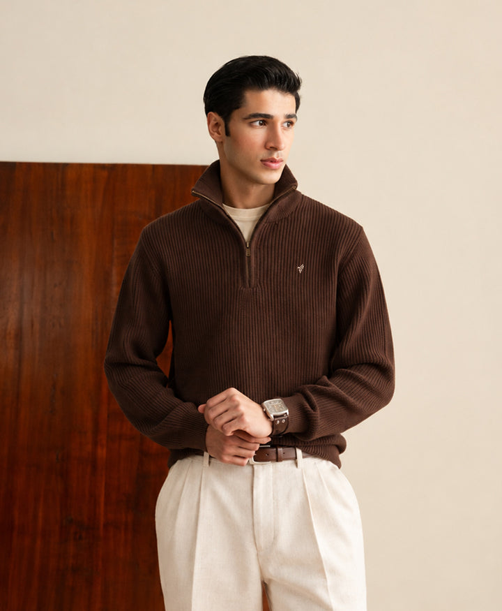 Chocolate Brown Mock Zipper Sweater