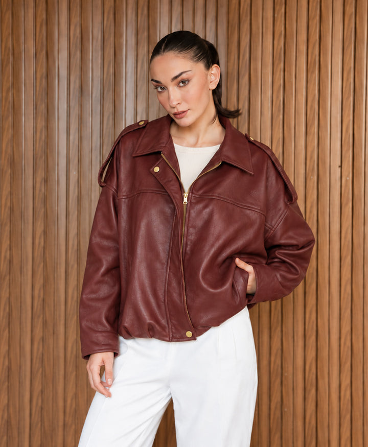 Burgundy Faux Leather Bomber Jacket (Women)