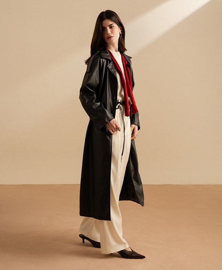 Black Faux Leather Long Coat (Women)
