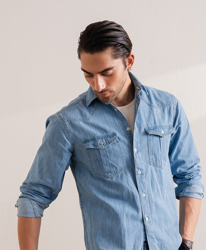 Mid Blue Iconic Denim Shirt (Regular Fit)