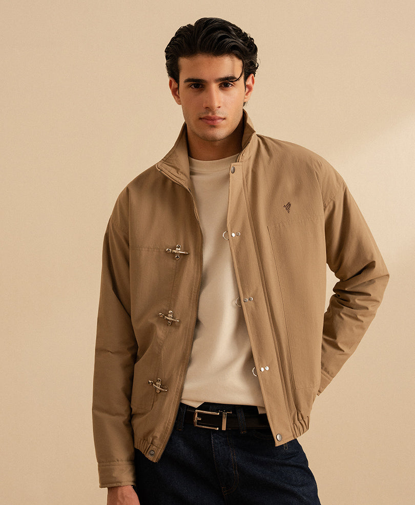 Beige Zip Front Utility Jacket