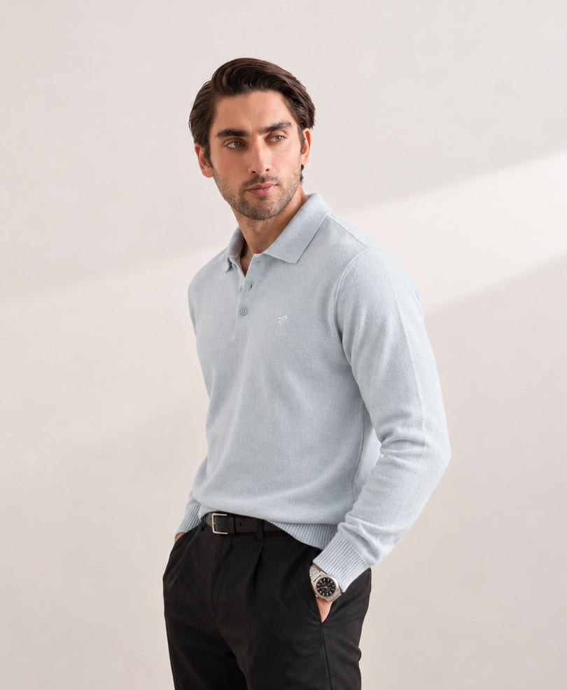 Twill Light Blue Knitted Full Sleeve POLO