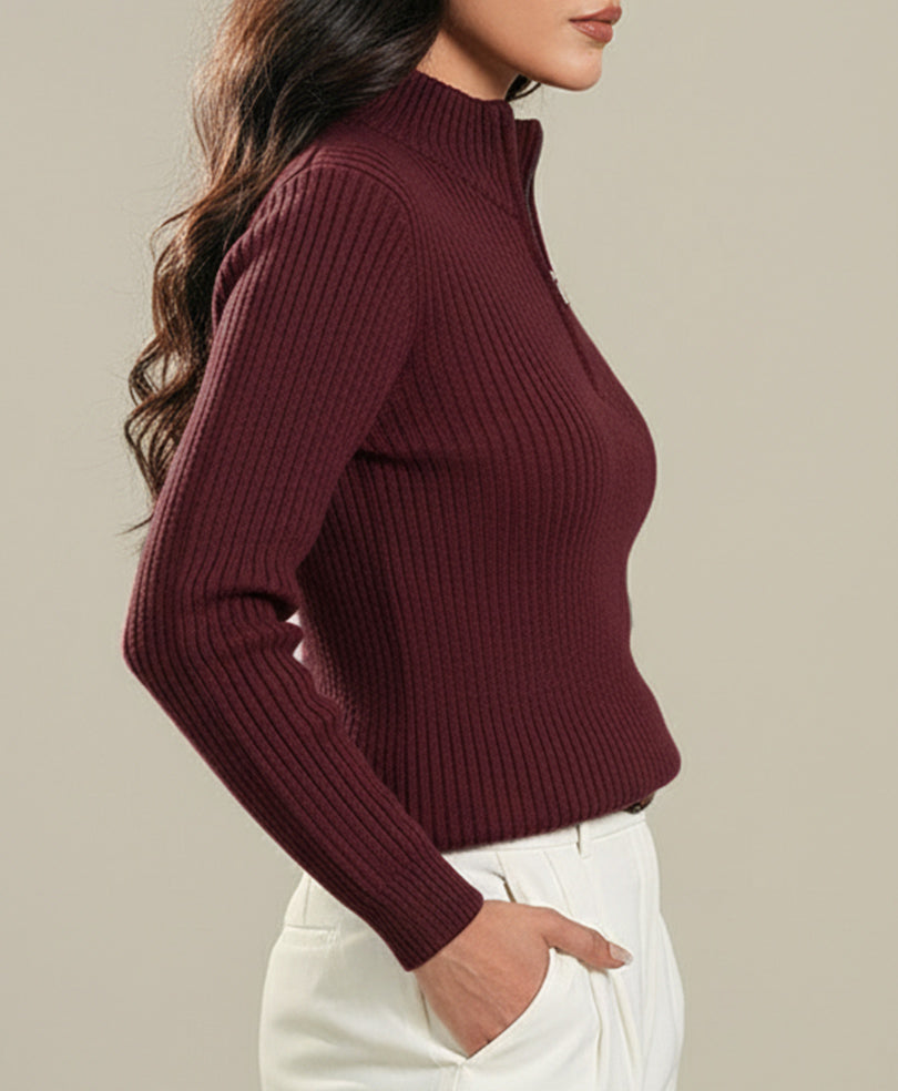 Maroon Mock Neck Zipper Sweater (Women)
