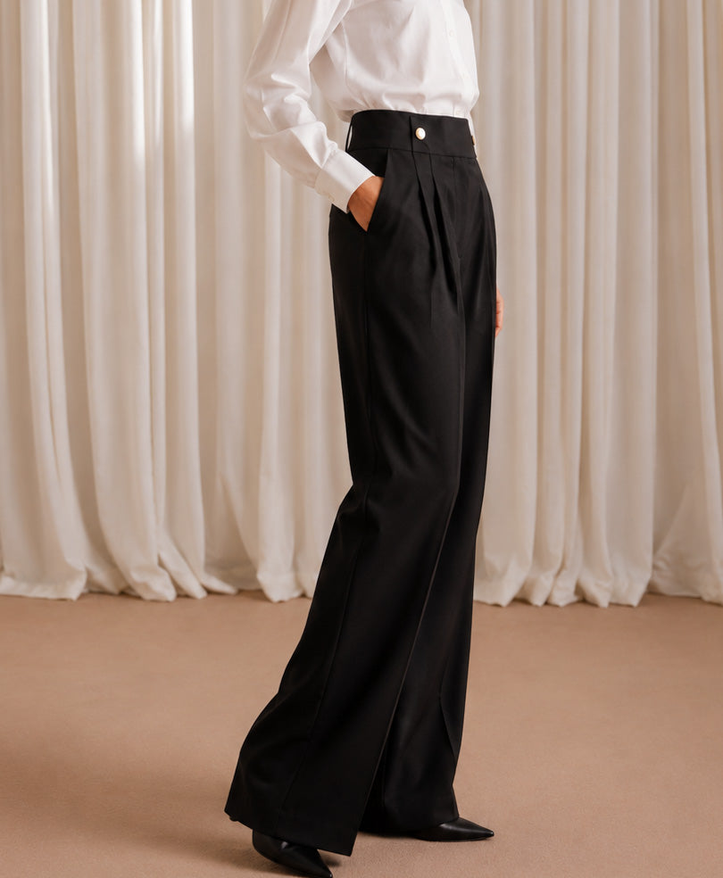 Black Dual Button Wide Leg Pants (Women)