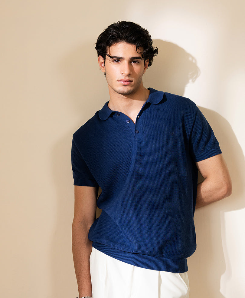 Blue Basic Mesh knitted POLO