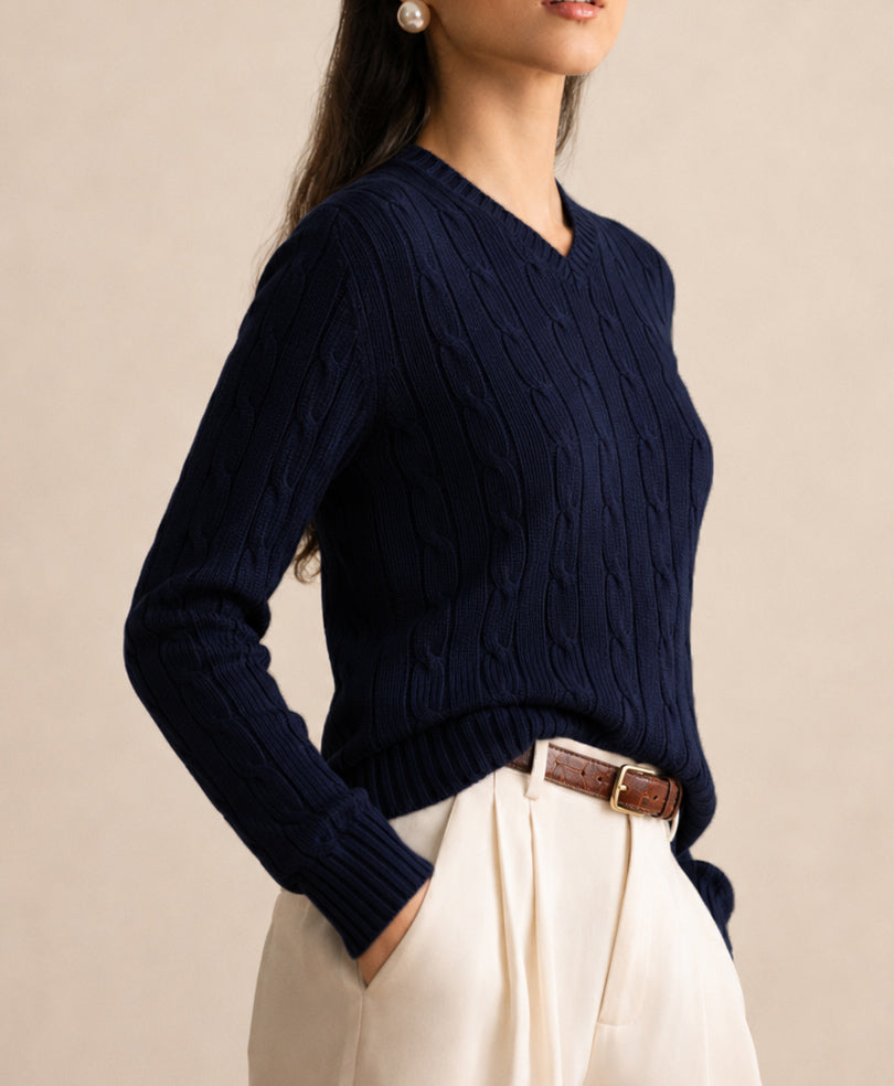 Navy V-Neck Cable Knit Sweater (Women)
