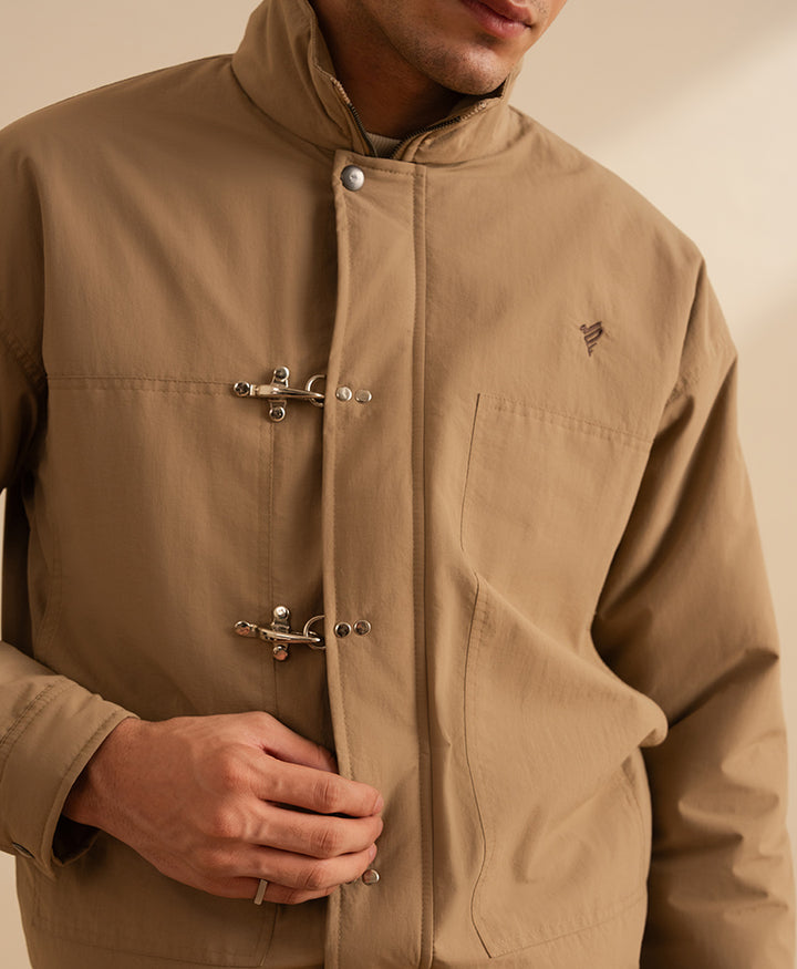 Beige Zip Front Utility Jacket