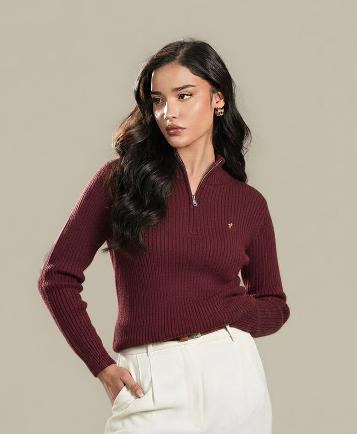 Maroon Mock Neck Zipper Sweater (Women)