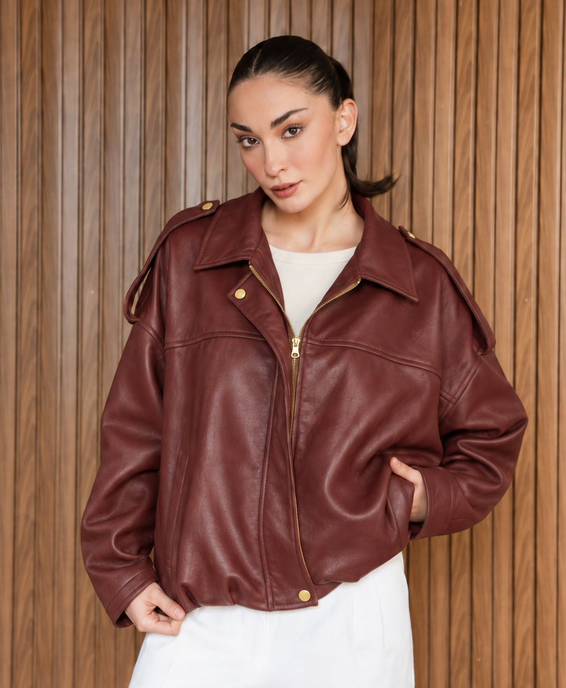 Burgundy Faux Leather Bomber Jacket (Women)