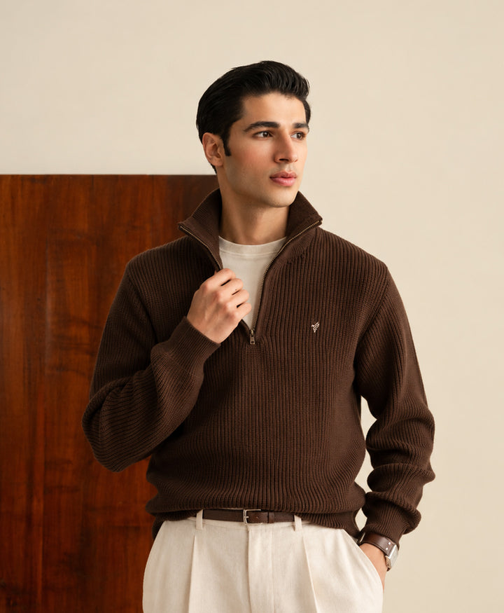 Chocolate Brown Mock Zipper Sweater
