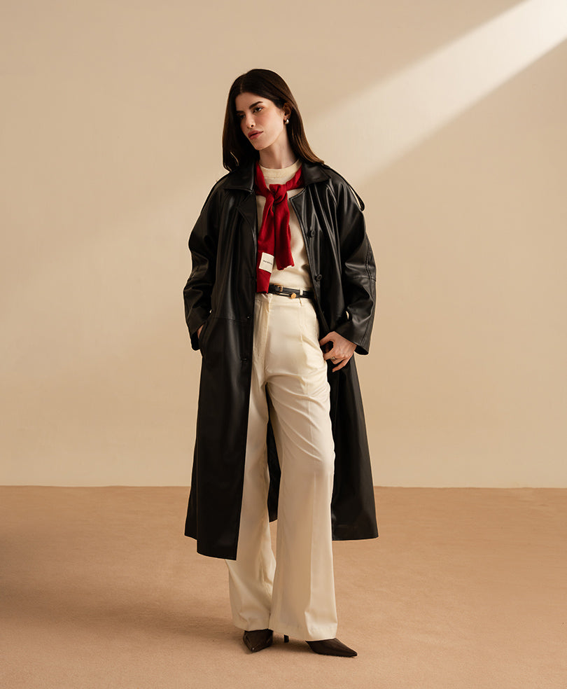 Black Faux Leather Long Coat (Women)