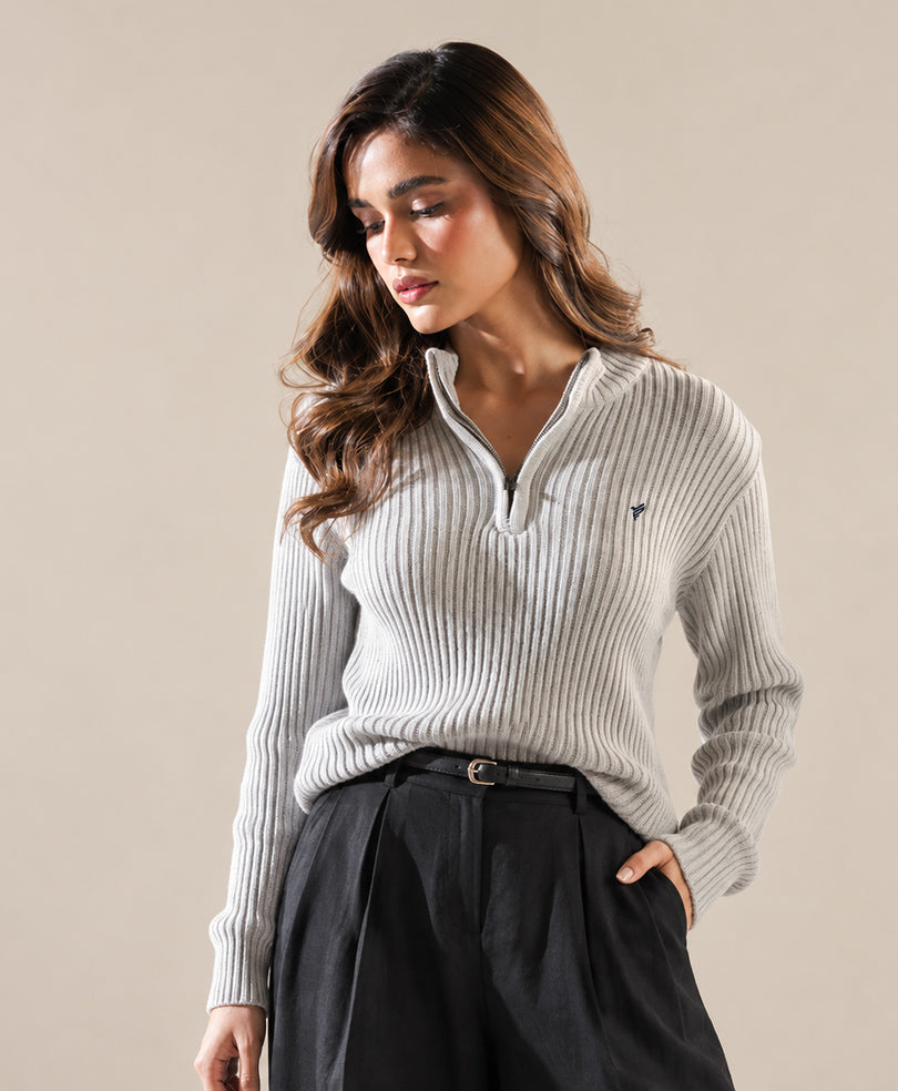 Grey Mock Neck Zipper Sweater (Women)