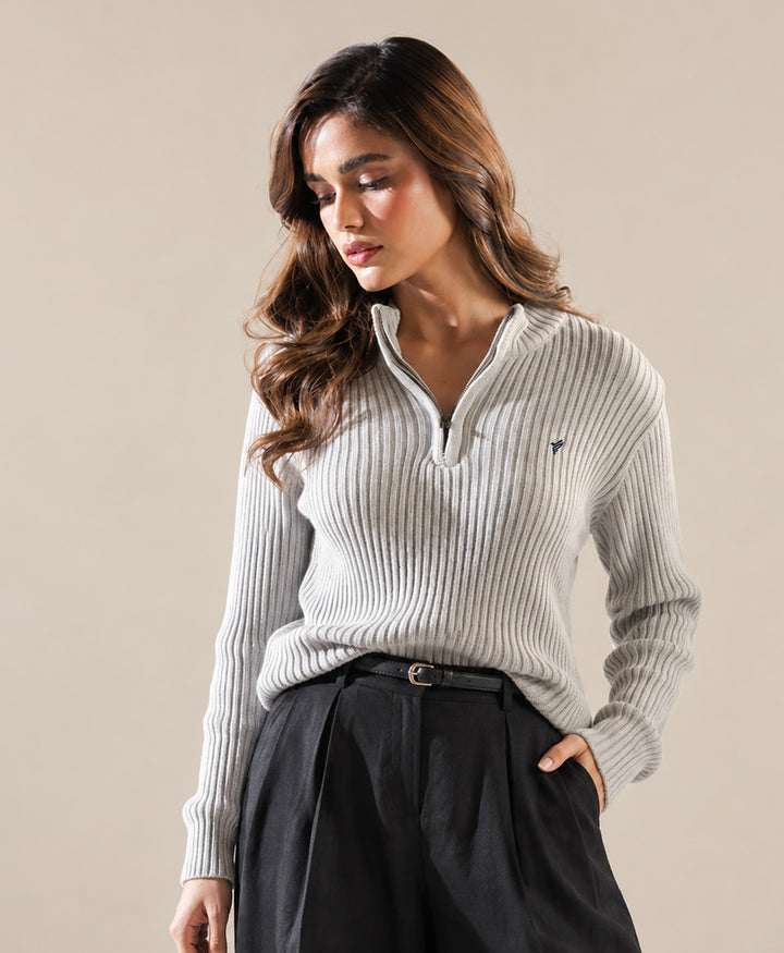 Grey Mock Neck Zipper Sweater (Women)