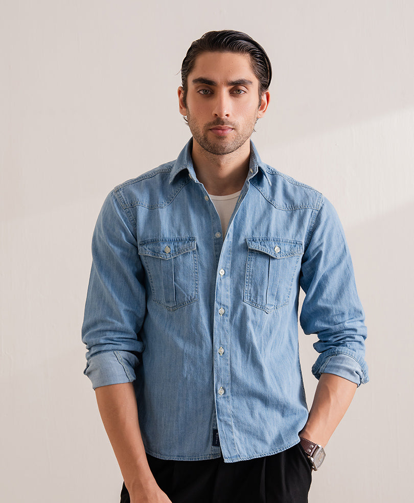 Mid Blue Iconic Denim Shirt (Regular Fit)