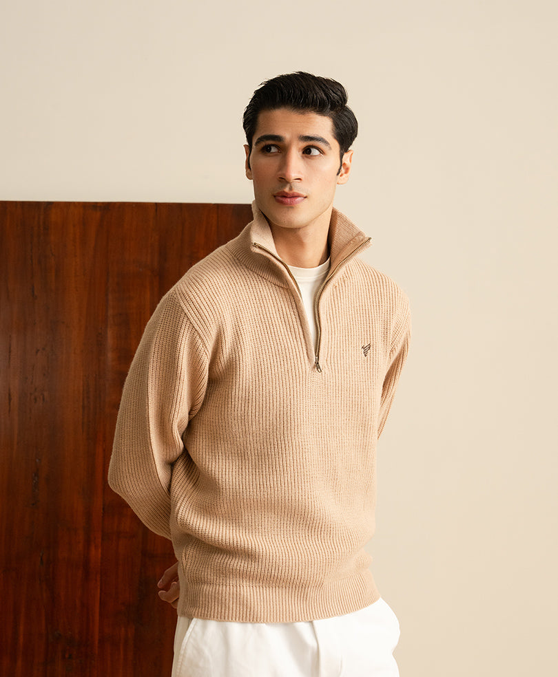 Khaki Mock Zipper Sweater