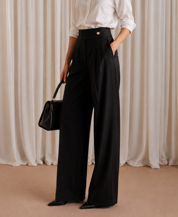 Black Dual Button Wide Leg Pants (Women)