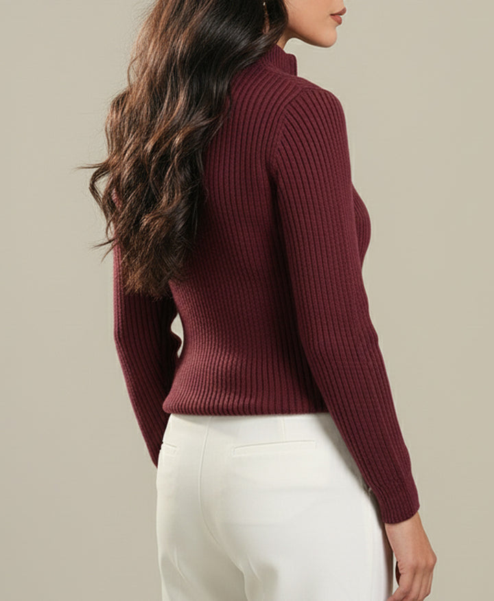 Maroon Mock Neck Zipper Sweater (Women)