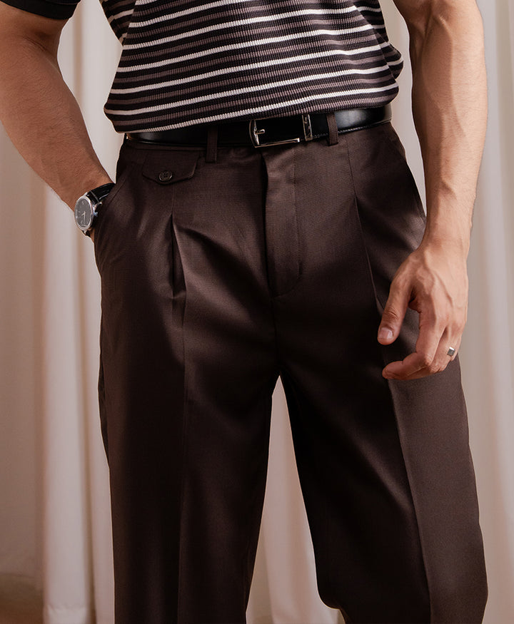 Brown Pleated Coin Pocket Pants