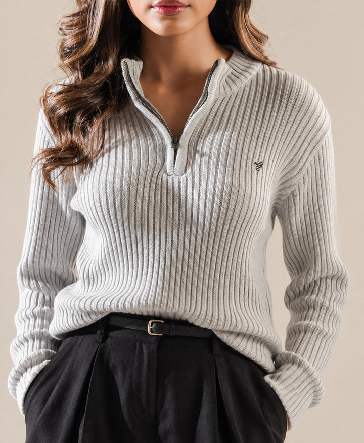 Grey Mock Neck Zipper Sweater (Women)