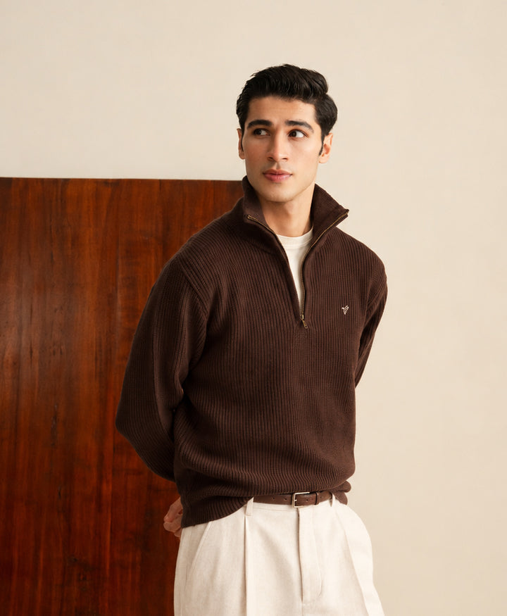 Chocolate Brown Mock Zipper Sweater
