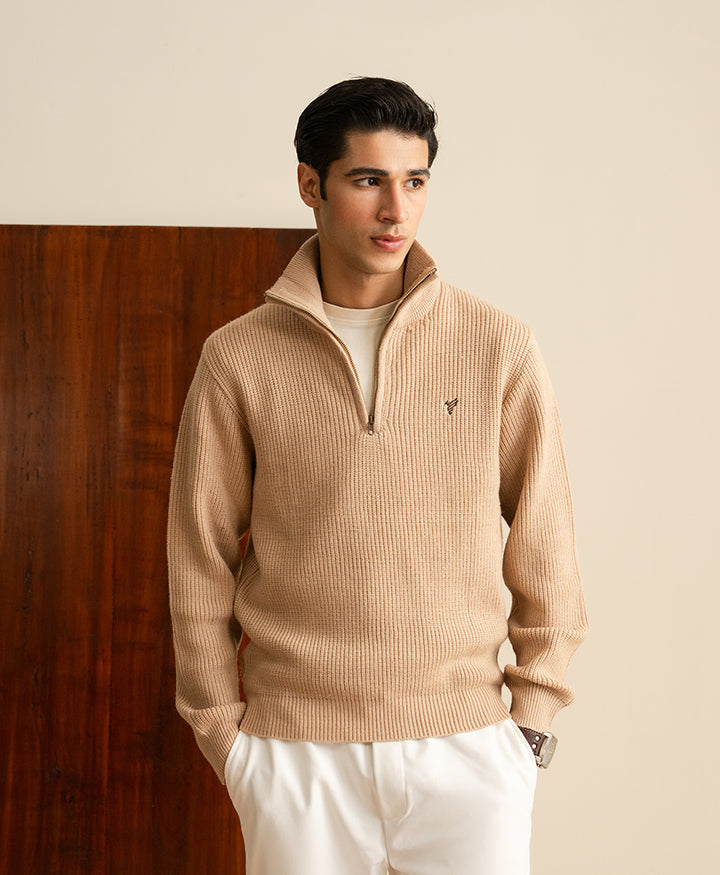 Khaki Mock Zipper Sweater