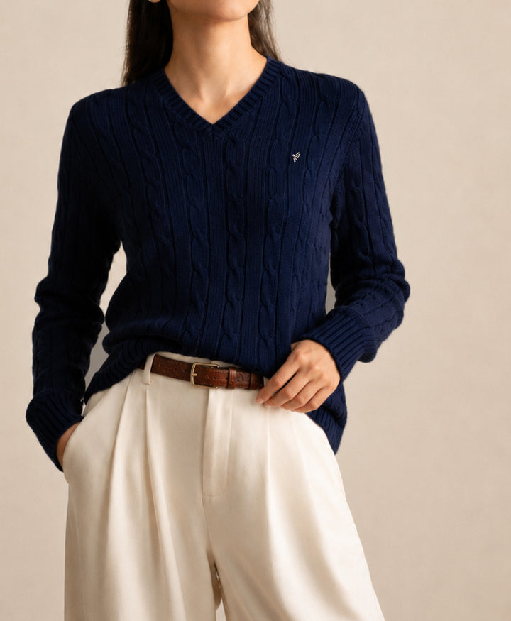 Navy V-Neck Cable Knit Sweater (Women)