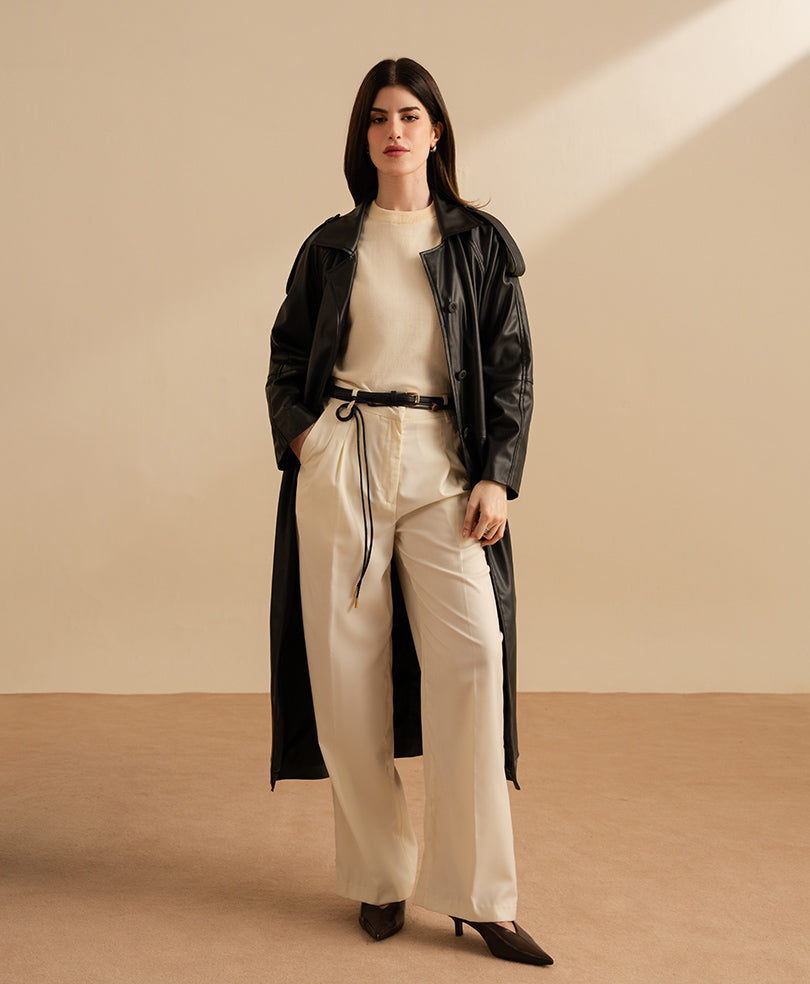 Black Faux Leather Long Coat (Women)