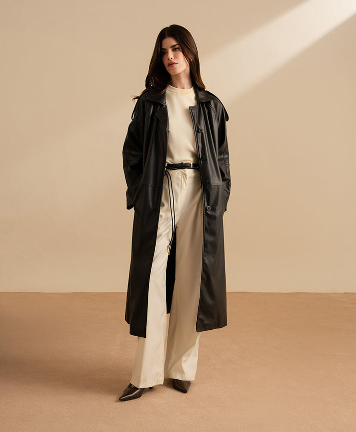 Black Faux Leather Long Coat (Women)