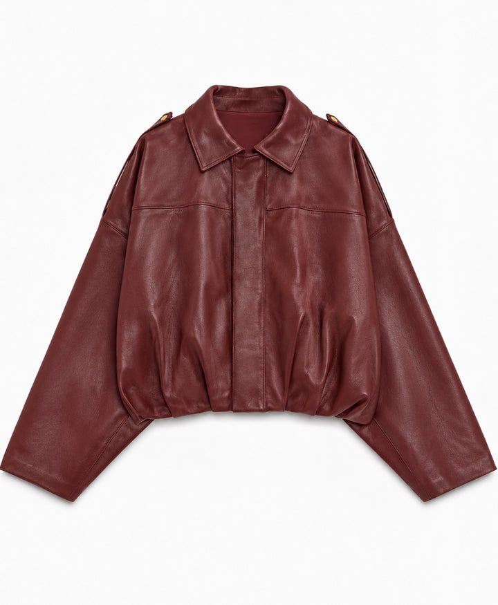 Burgundy Faux Leather Bomber Jacket (Women)