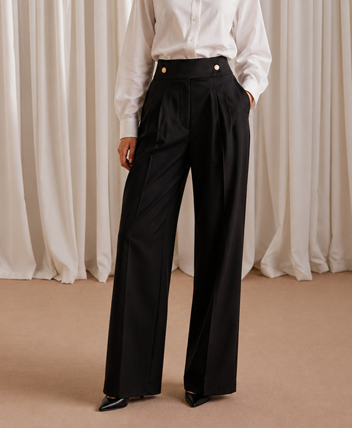 Black Dual Button Wide Leg Pants (Women)