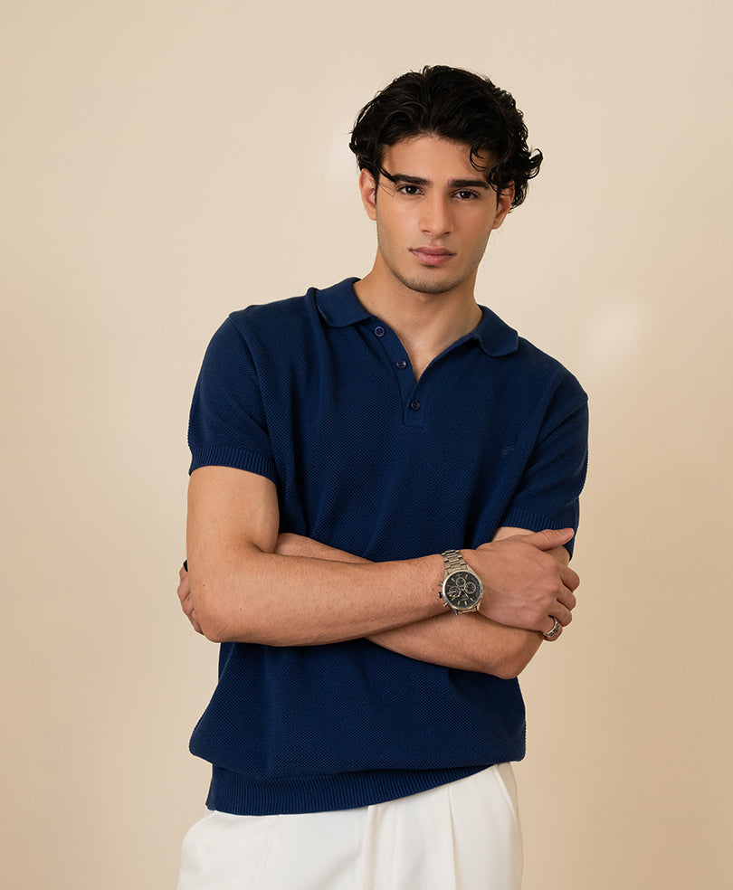 Blue Basic Mesh knitted POLO