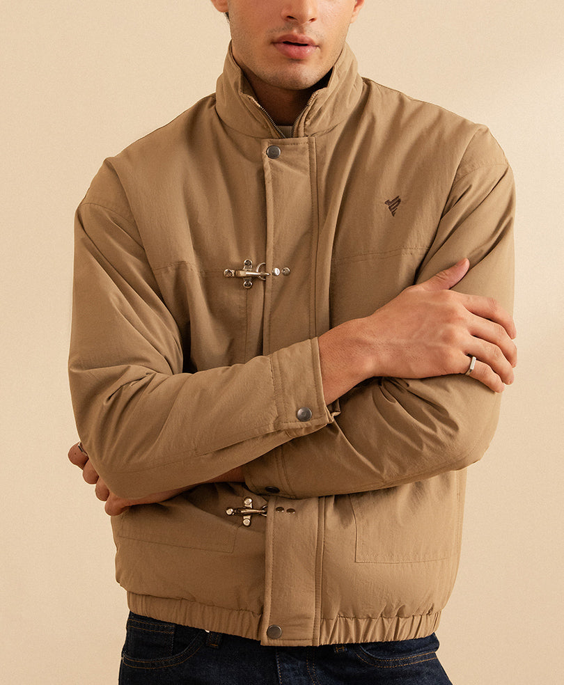 Beige Zip Front Utility Jacket