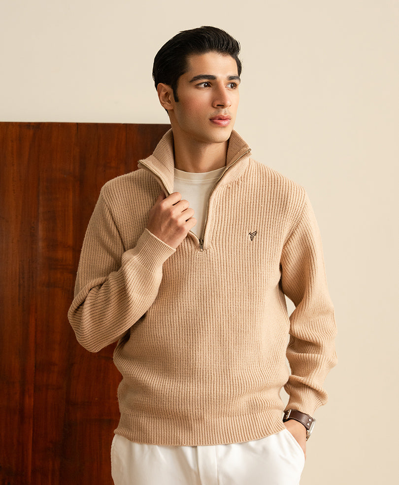 Khaki Mock Zipper Sweater