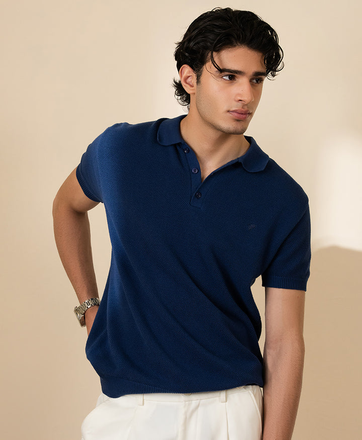 Blue Basic Mesh knitted POLO