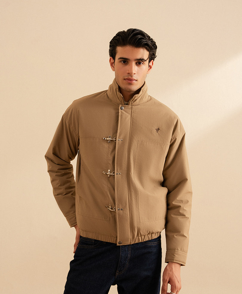 Beige Zip Front Utility Jacket