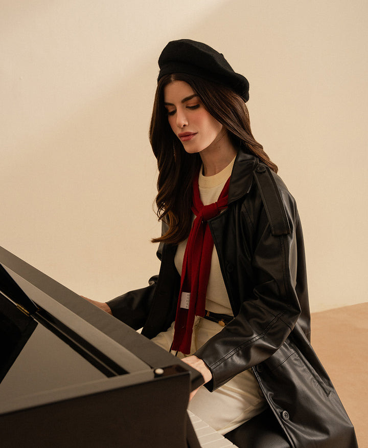 Black Faux Leather Long Coat (Women)
